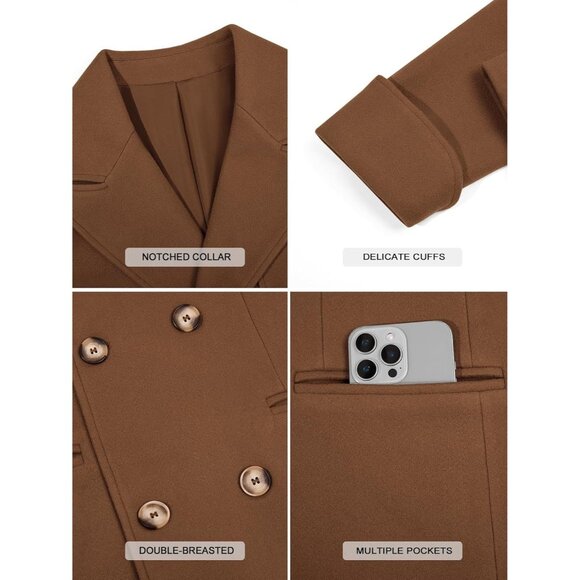 Men's Brown Wool Blend Pea Coat Notched Collar Double Breasted Trench Coats - Picture 5 of 6